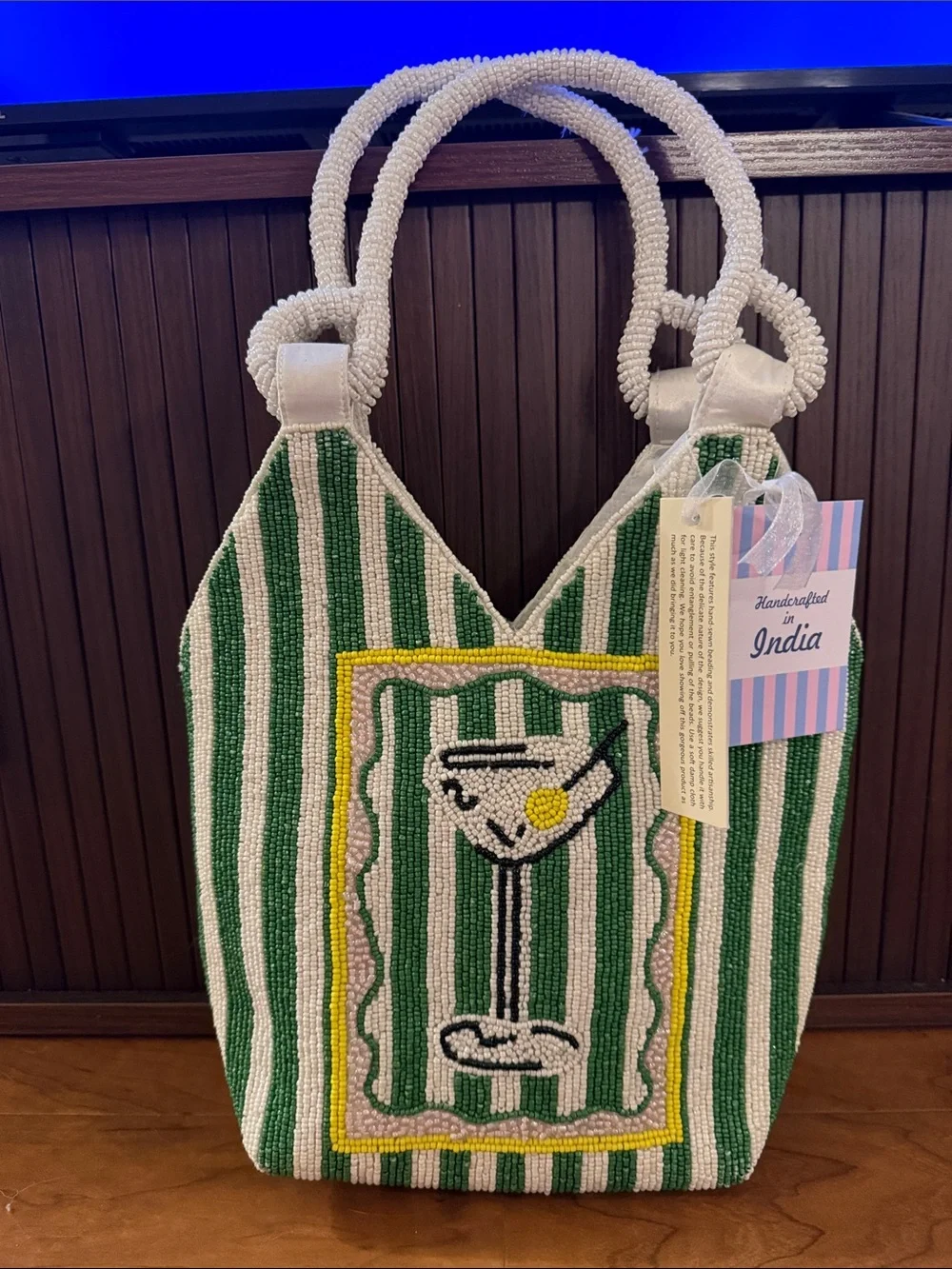 Beaded Green & White Stripe Cocktail Tote